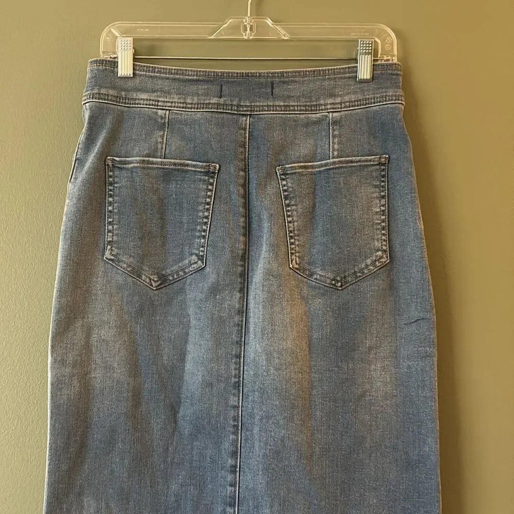 We the Free Maddie Denim Jean Straight Midi Skirt Blue Front Slit Boho Sz 10